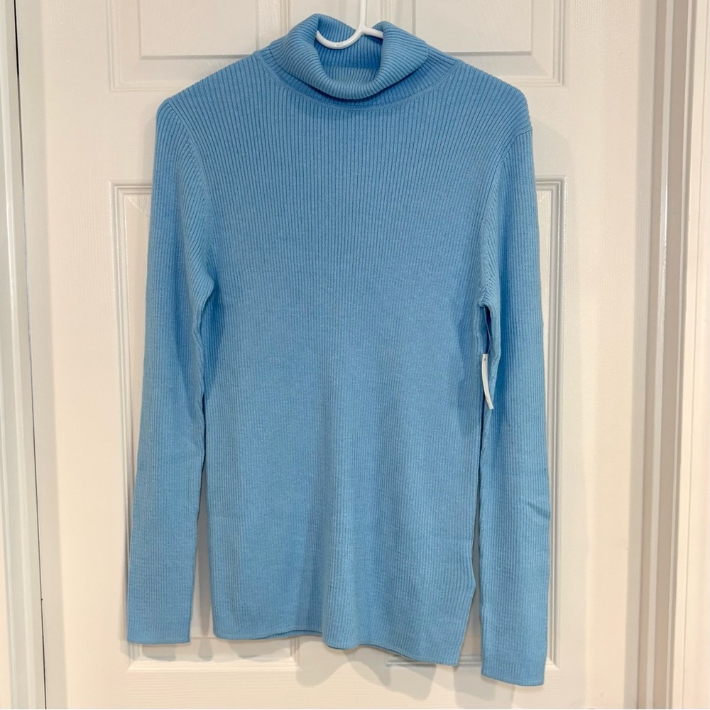 Amazon Essentials Blue Ribbed Long Sleeve Turtleneck Blouse Sweater Women L NWT